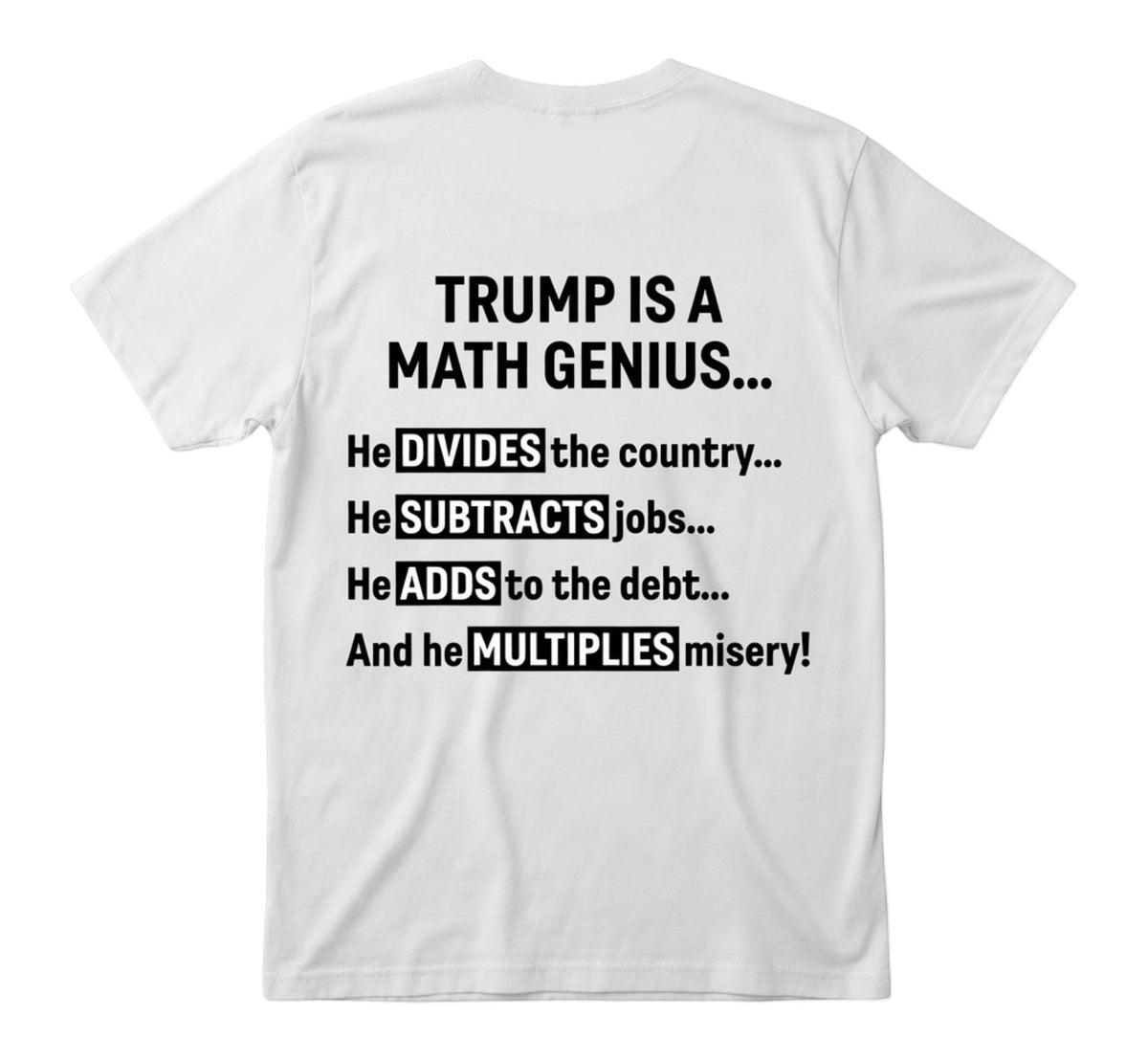  white unisex t-shirt featuring bold black text about political math on the back
