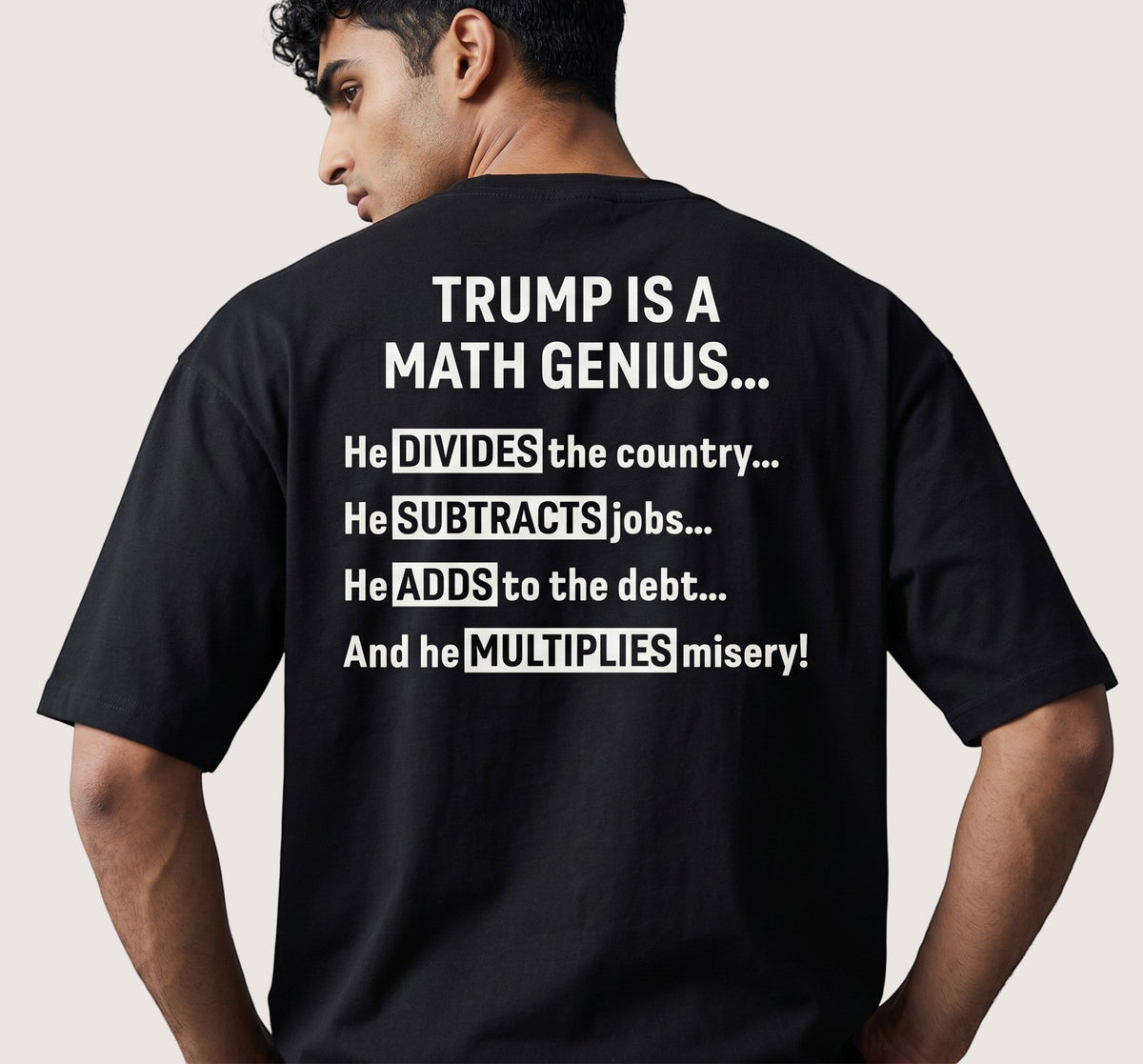  black unisex t-shirt featuring bold white text about political math on the back, worn by a man.