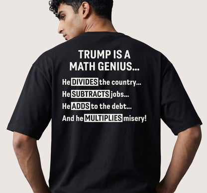  black unisex t-shirt featuring bold white text about political math on the back, worn by a man.