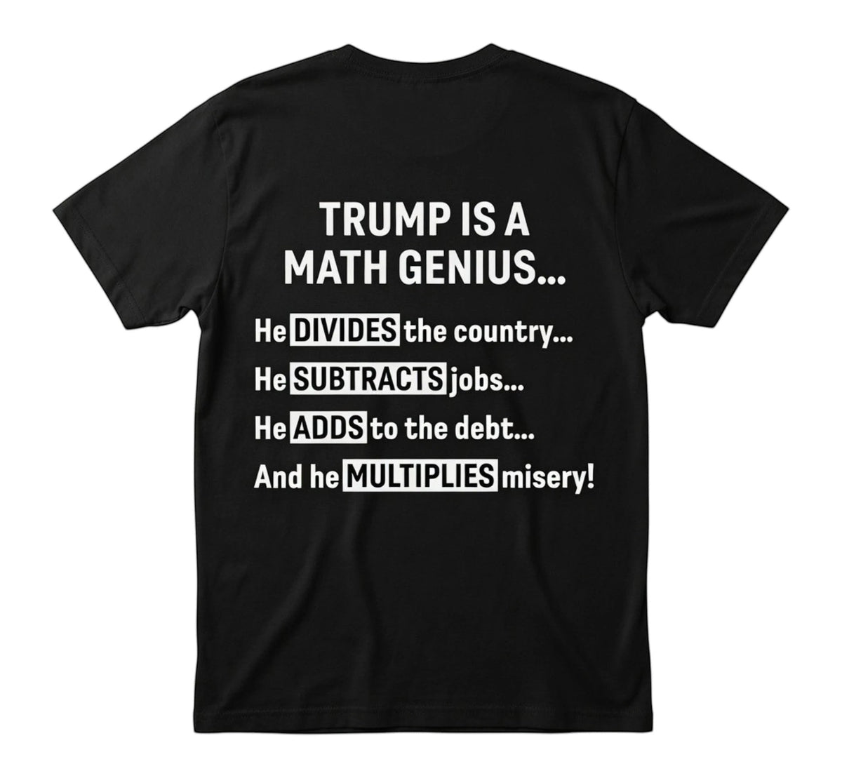  black unisex t-shirt featuring white text about political math humor on the back
