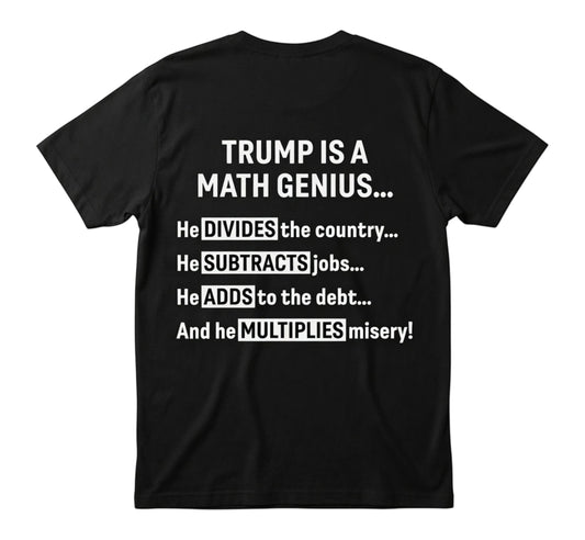  black unisex t-shirt featuring white text about political math humor on the back