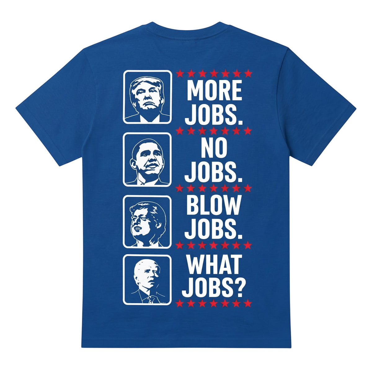  blue cotton graphic t-shirt featuring political satire portraits and bold text on the back.