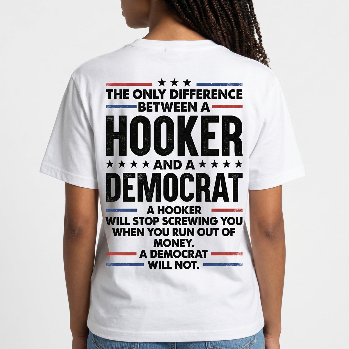  white cotton graphic tee with distressed red, white, and blue political satire typography on the back.