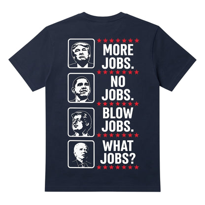  black cotton t-shirt featuring political satire graphic portraits and bold text on the back.