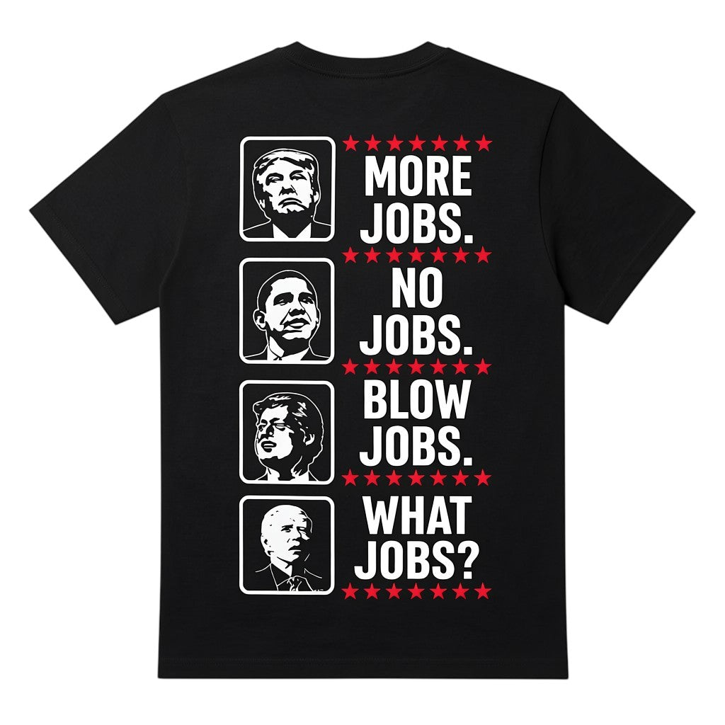  black cotton graphic t-shirt featuring political satire portraits and bold text in a vertical layout.