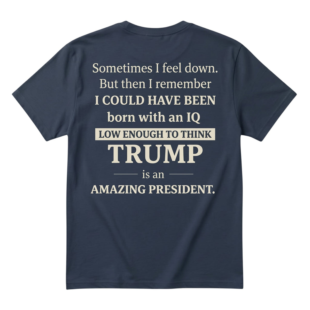  dark blue unisex cotton t-shirt featuring bold white satirical political typography on the back.