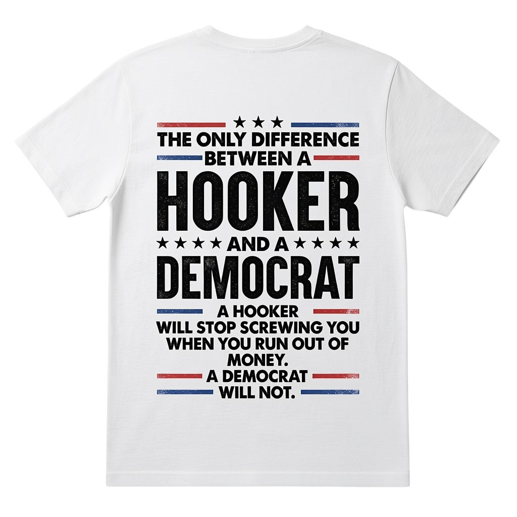  white cotton graphic t-shirt featuring distressed red, white, and blue political satire typography.