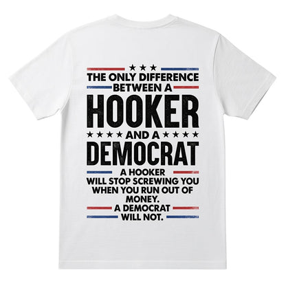  white cotton graphic t-shirt featuring distressed red, white, and blue political satire typography.