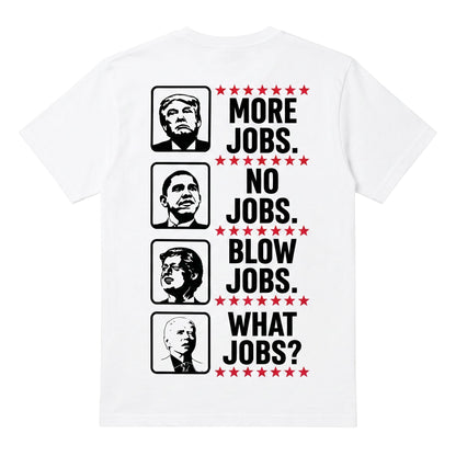  white cotton t-shirt with back graphic featuring political portraits and satirical text.