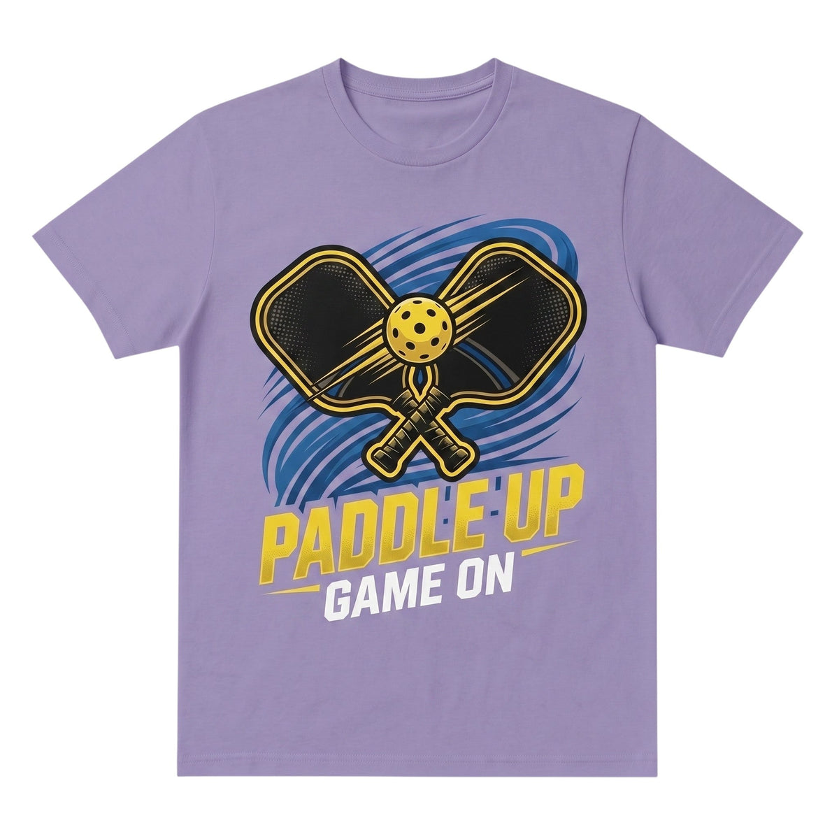  purple cotton unisex t-shirt featuring a Paddle Up Game On pickleball graphic with paddles and ball.