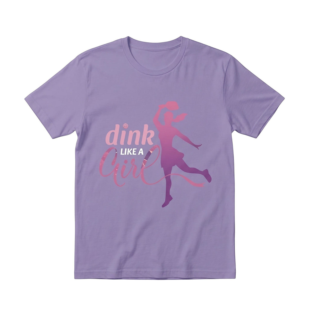  purple unisex cotton t-shirt featuring a pink pickleball player graphic and Dink Like a Girl text.