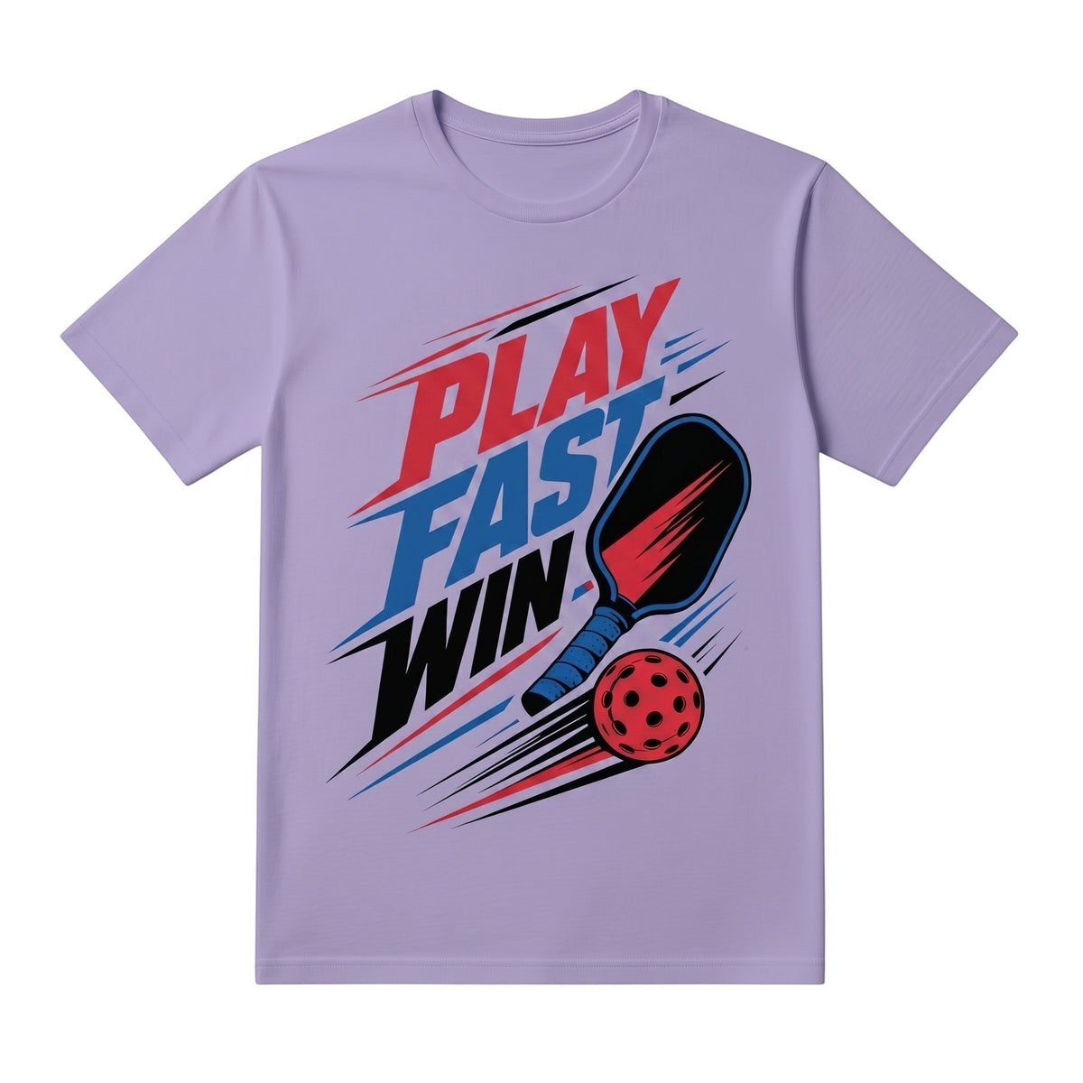  light purple unisex cotton t-shirt featuring a Play Fast Win pickleball graphic with a paddle and ball.