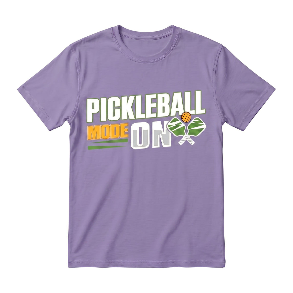  purple unisex cotton t-shirt with Pickleball Mode On graphic print for pickleball players.