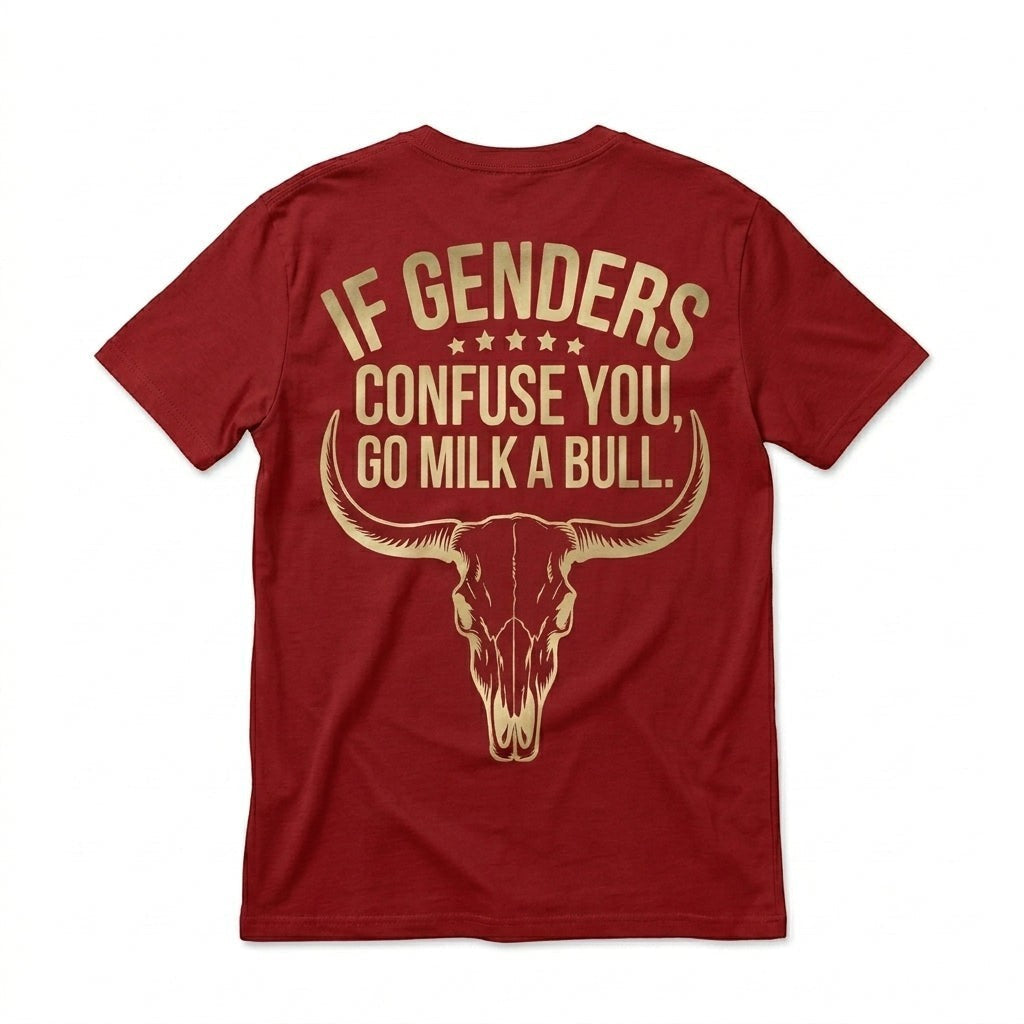  red t-shirt with gold bull skull graphic and sarcastic text on the back