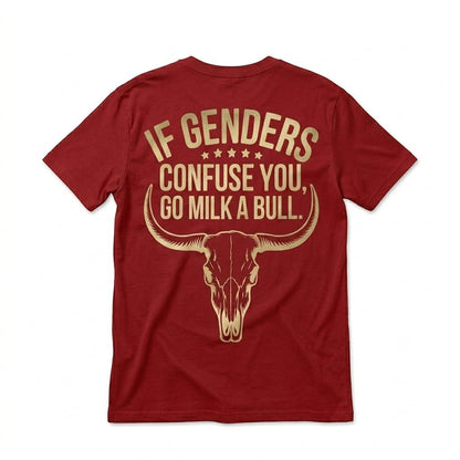  red t-shirt with gold bull skull graphic and sarcastic text on the back