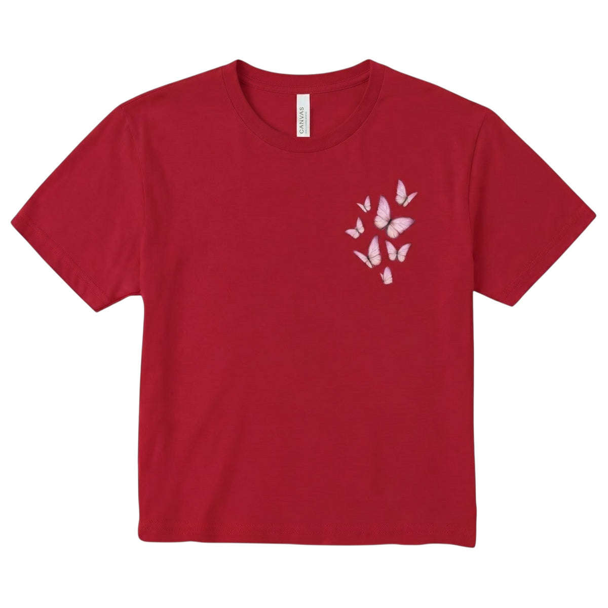  red cropped crewneck t-shirt with a delicate pink butterfly graphic on the chest