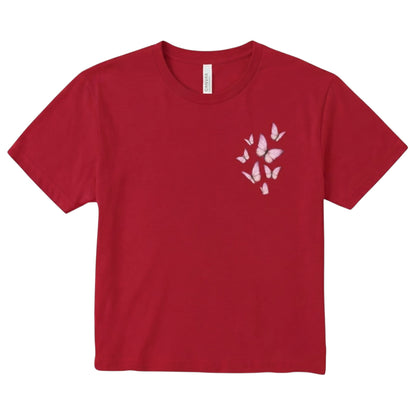  red cropped crewneck t-shirt with a delicate pink butterfly graphic on the chest