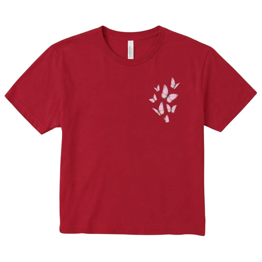  red cropped crewneck t-shirt with a delicate pink butterfly graphic on the chest