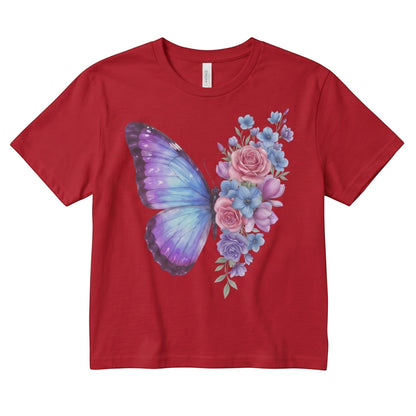  red micro rib baby tee featuring a pastel butterfly and floral rose print in a fitted cropped style.