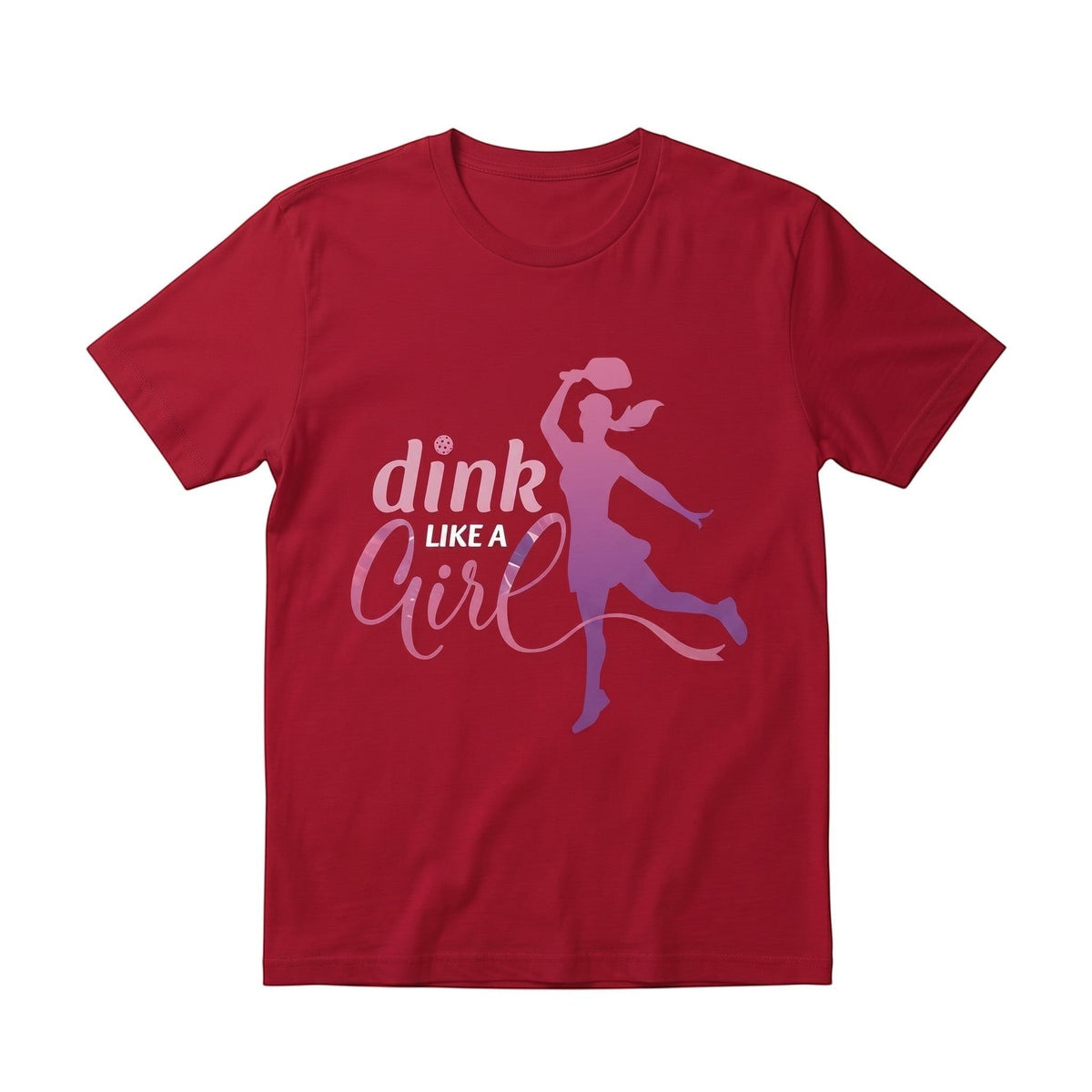  red unisex cotton t-shirt featuring a Dink Like a Girl pickleball graphic with a female player silhouette.