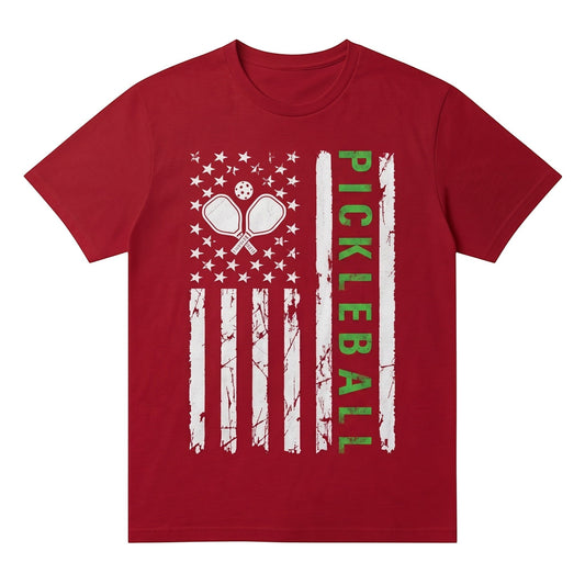  red unisex pickleball graphic t-shirt with distressed American flag and paddle design