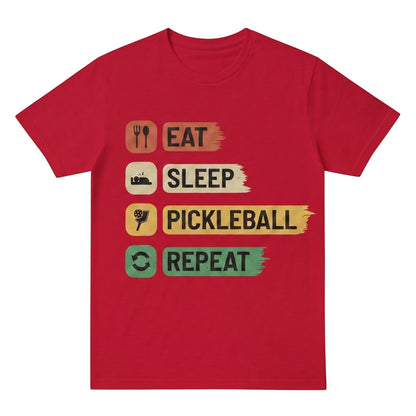  red unisex cotton t-shirt featuring an Eat Sleep Pickleball Repeat graphic print design.
