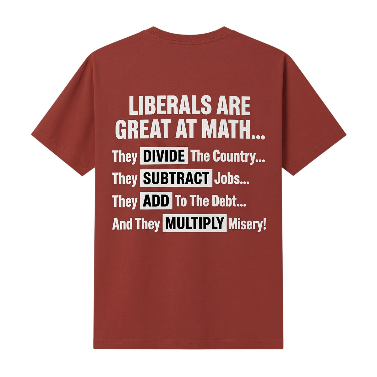  red t-shirt featuring white text with political math-themed satire on the back