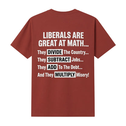 red t-shirt featuring white text with political math-themed satire on the back