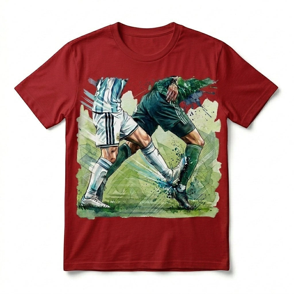  red cotton t-shirt featuring a dynamic watercolor graphic of two soccer players in a match duel.