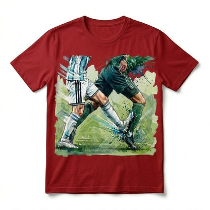  red cotton t-shirt featuring a dynamic watercolor graphic of two soccer players in a match duel.
