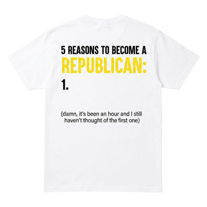  white cotton t-shirt with satirical political text in black and yellow bold typography on the back.