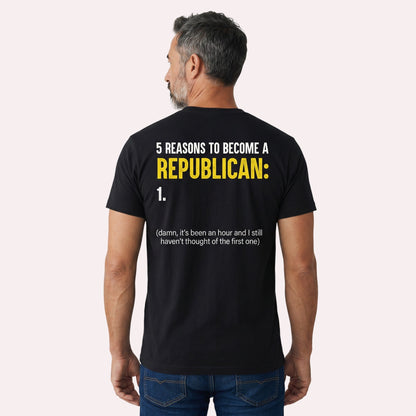  black cotton t-shirt with satirical political humor text on the back, worn by a man from behind.