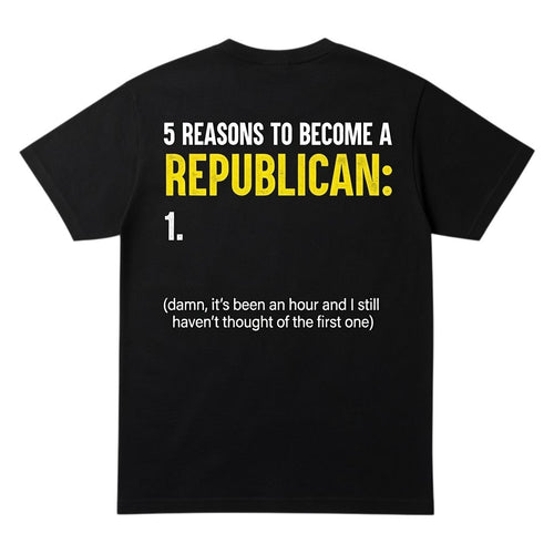  black cotton t-shirt with satirical political humor text printed on the back in white and yellow.
