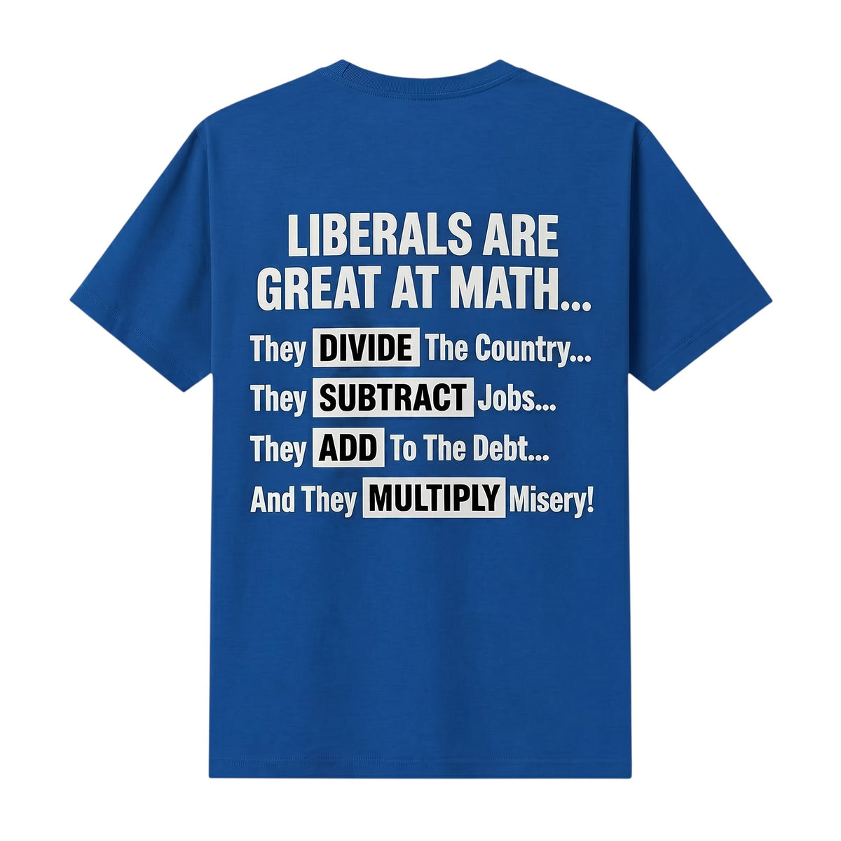  royal blue t-shirt featuring white political text about math on the back