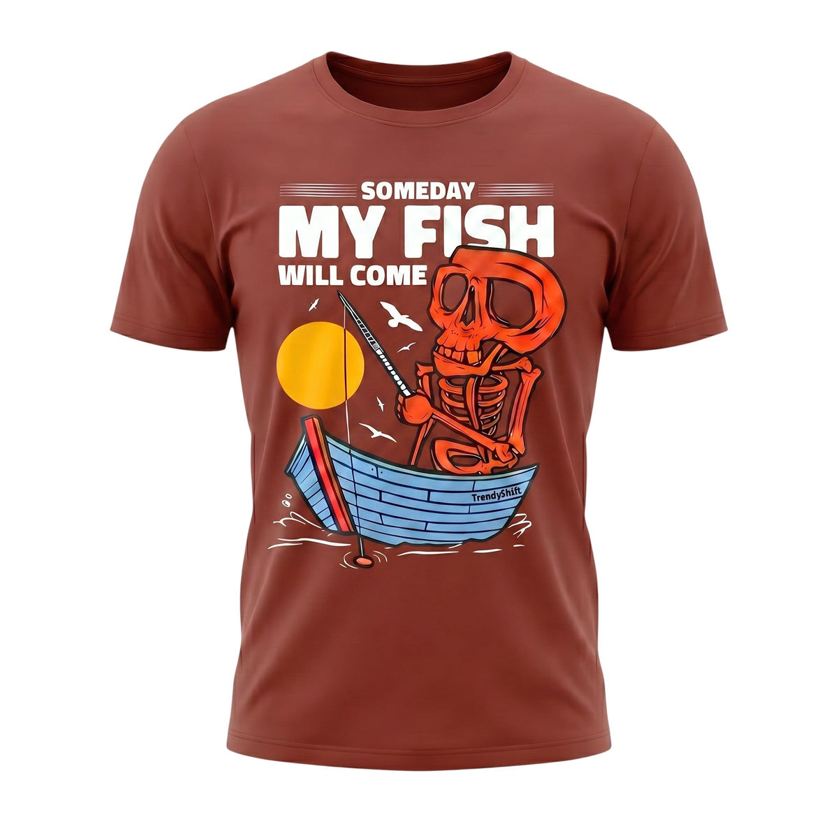  unisex cotton t-shirt in rust brown featuring a skeleton fishing in a boat graphic print.