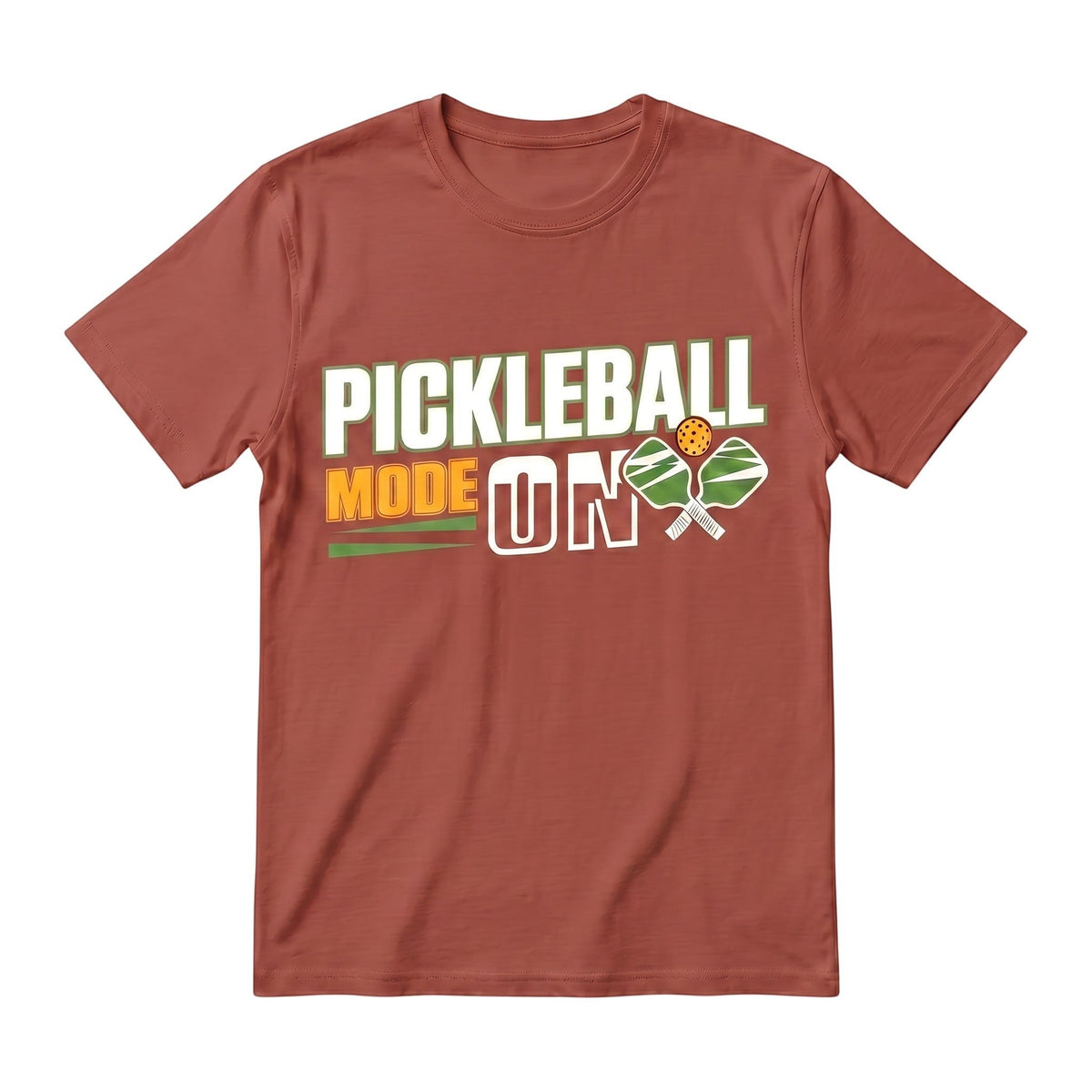  rust-colored unisex cotton t-shirt with Pickleball Mode On graphic print