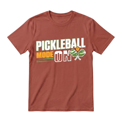  rust-colored unisex cotton t-shirt with Pickleball Mode On graphic print