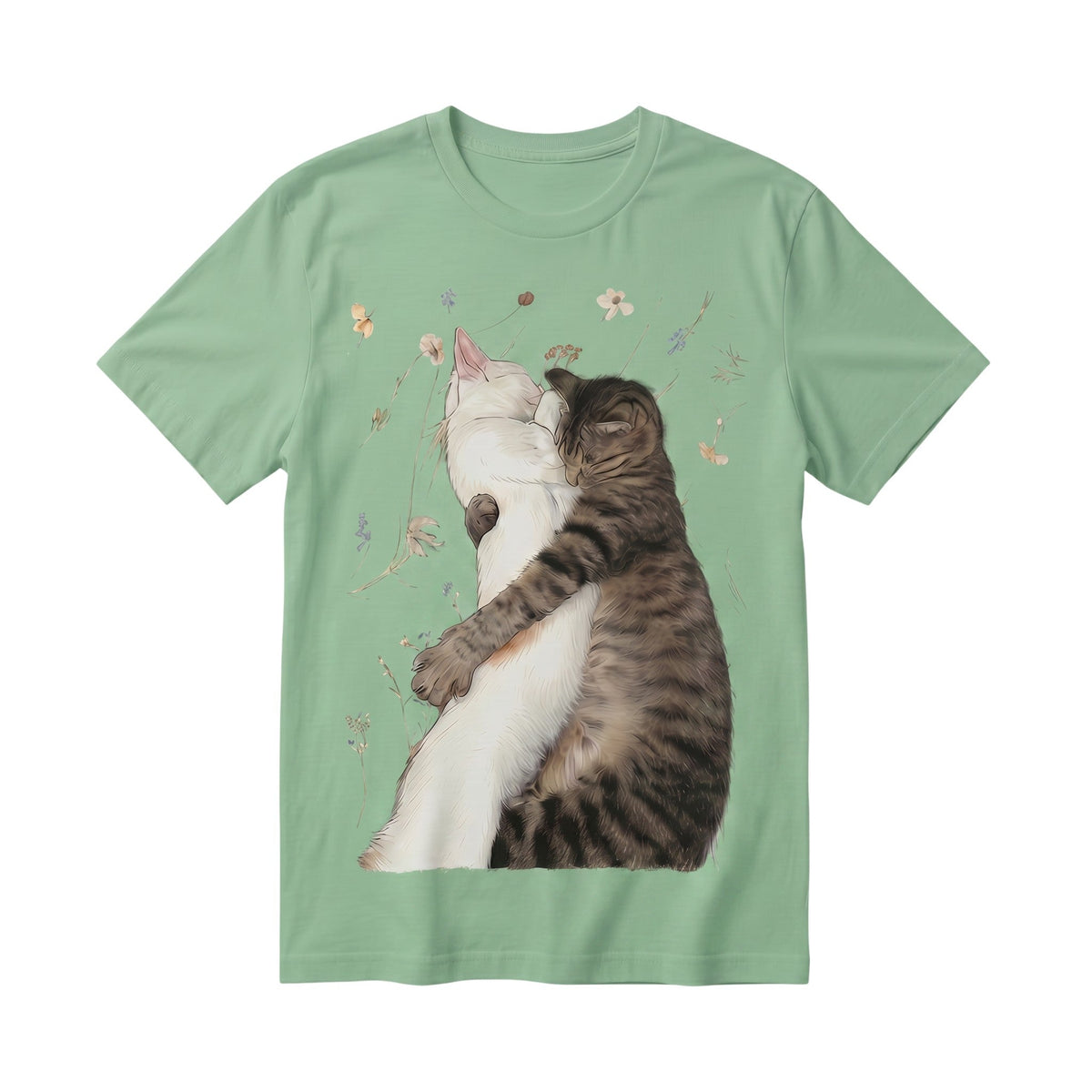  sage green 100% cotton t-shirt featuring a graphic illustration of two cats hugging among wildflowers.