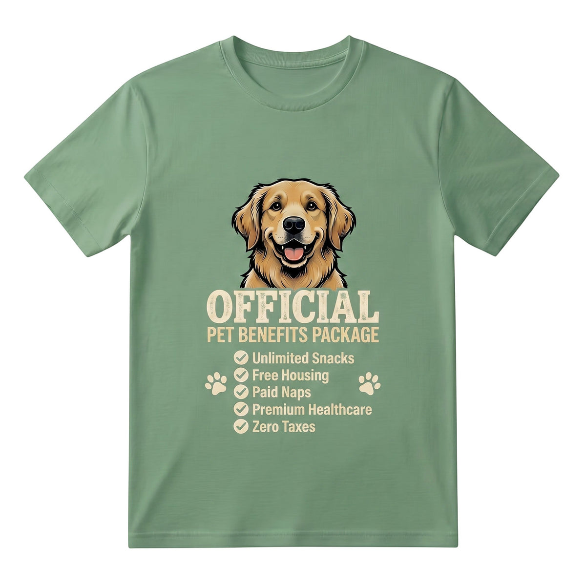  sage green cotton t-shirt featuring a golden retriever and Official Pet Benefits Package graphic.