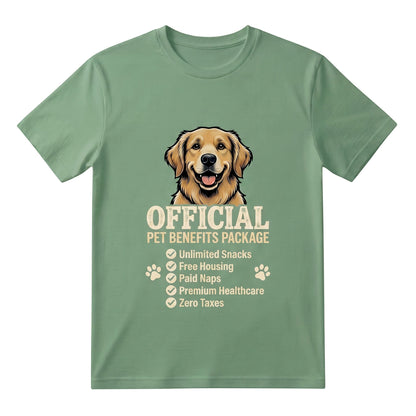  sage green cotton t-shirt featuring a golden retriever and Official Pet Benefits Package graphic.