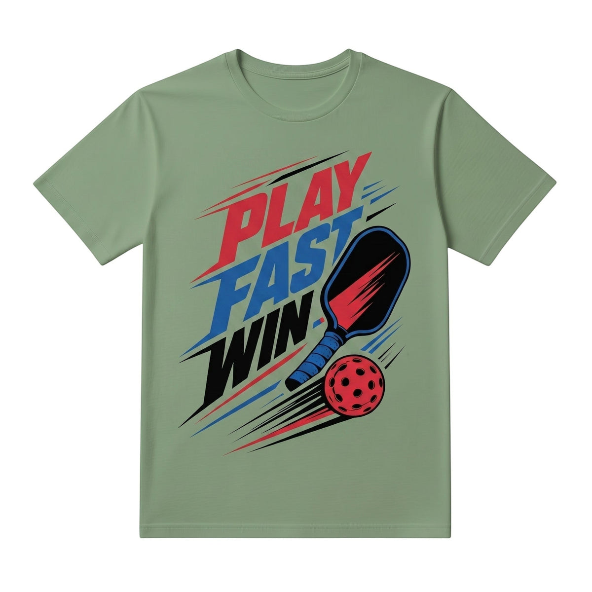  sage green cotton pickleball t-shirt featuring a Play Fast Win graphic with a paddle and ball.