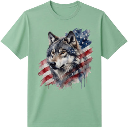  sage green t-shirt featuring a watercolor wolf graphic blended with an American flag design.