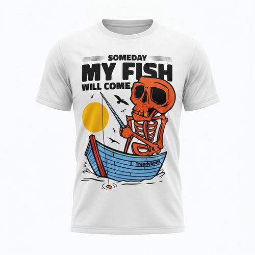  white cotton unisex t-shirt featuring a graphic of a skeleton fishing in a boat at sunset