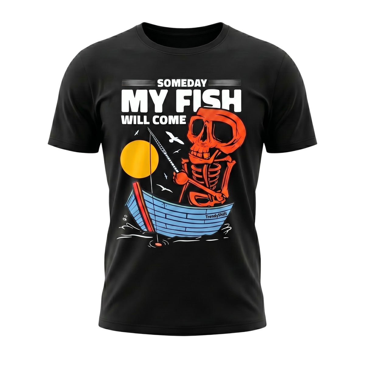  black cotton unisex t-shirt featuring a graphic of an orange skeleton fishing in a blue boat.