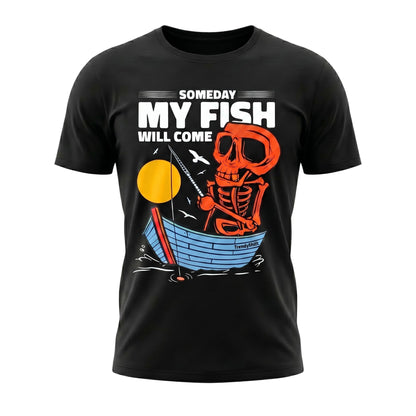  black cotton unisex t-shirt featuring a graphic of an orange skeleton fishing in a blue boat.