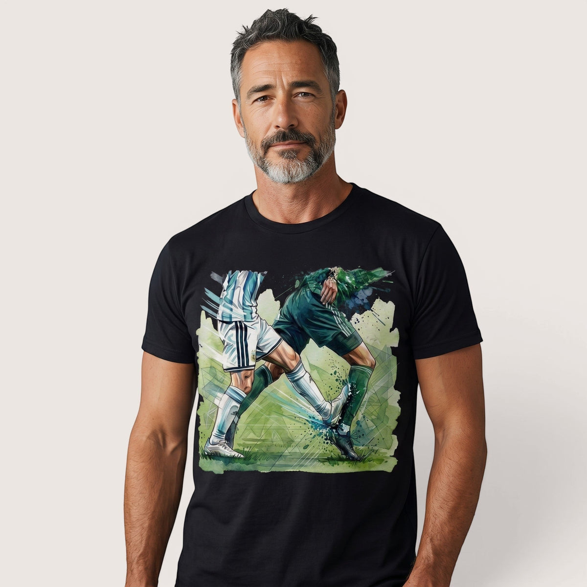  black unisex t-shirt featuring a vibrant watercolor graphic of two soccer players in a duel.