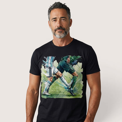  black unisex t-shirt featuring a vibrant watercolor graphic of two soccer players in a duel.