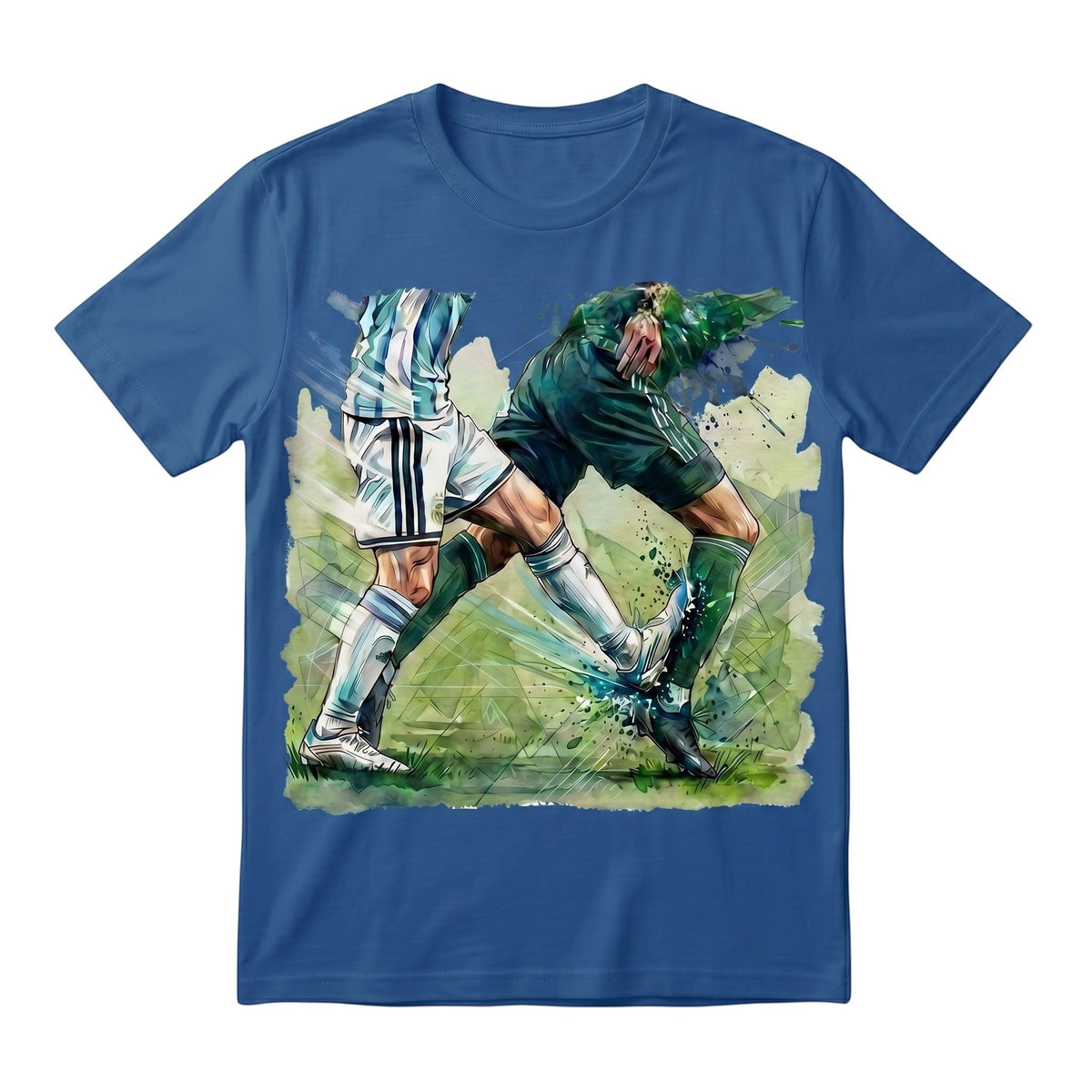  blue cotton t-shirt featuring a dynamic watercolor graphic of two soccer players in a match duel.