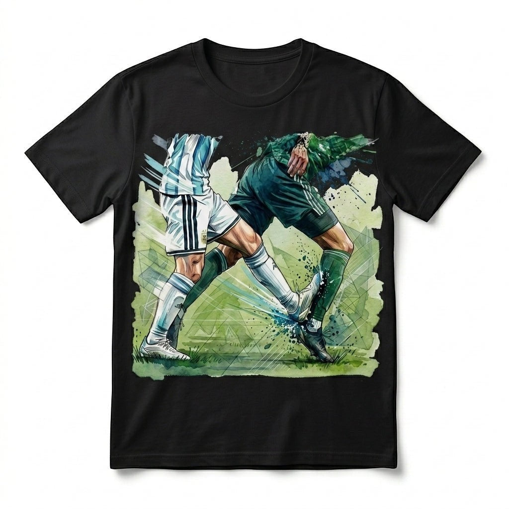  black cotton t-shirt featuring a vibrant watercolor graphic of two soccer players in a duel.