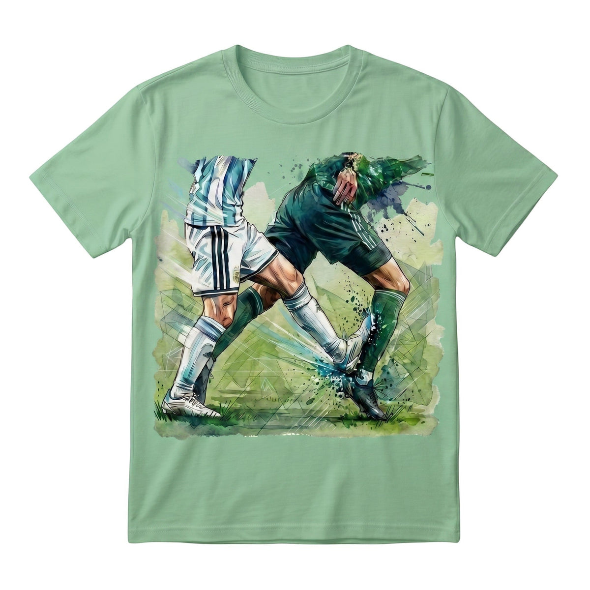  sage green cotton t-shirt featuring a dynamic watercolor graphic of two soccer players in a duel.
